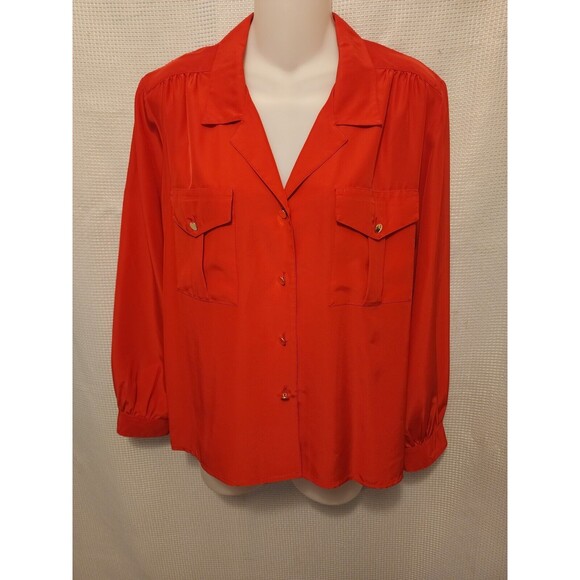 Vintage Womens Sz Large Silk Blend Button Down Red Blouse Gold Buttons Office - Picture 1 of 8
